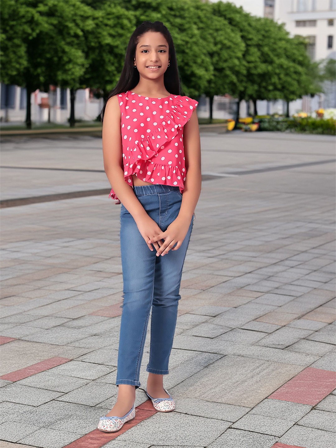 

CACA CINA Girls Polka Dot Printed Top, Pink