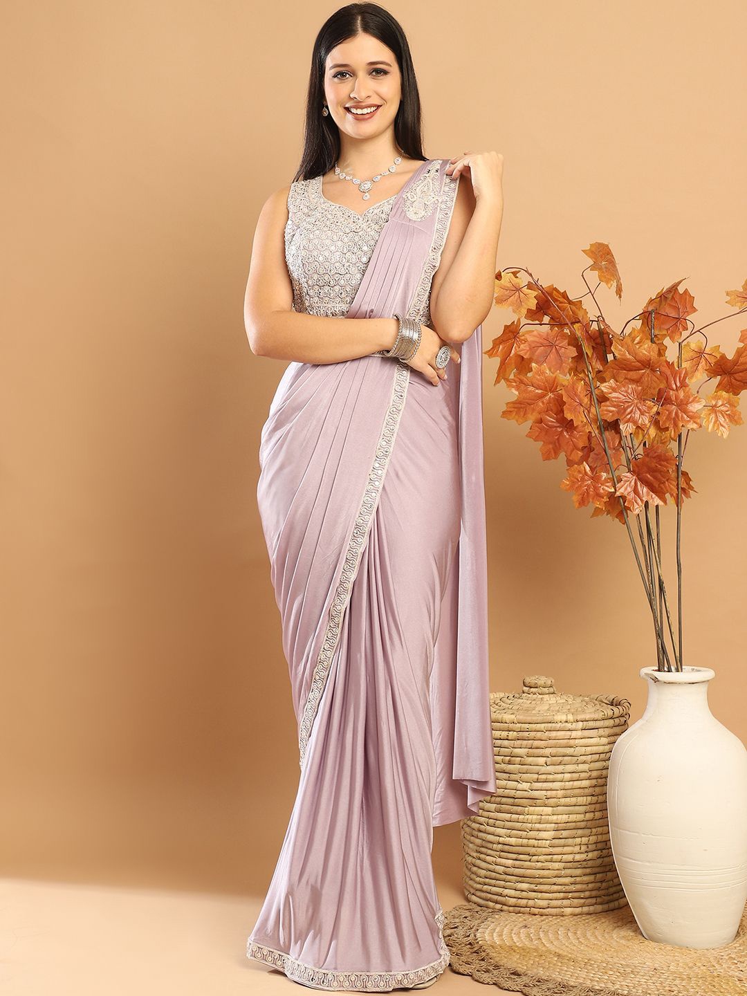 

Mitera Sequinned Ready to Wear Saree with Stitched Blouse, Mauve