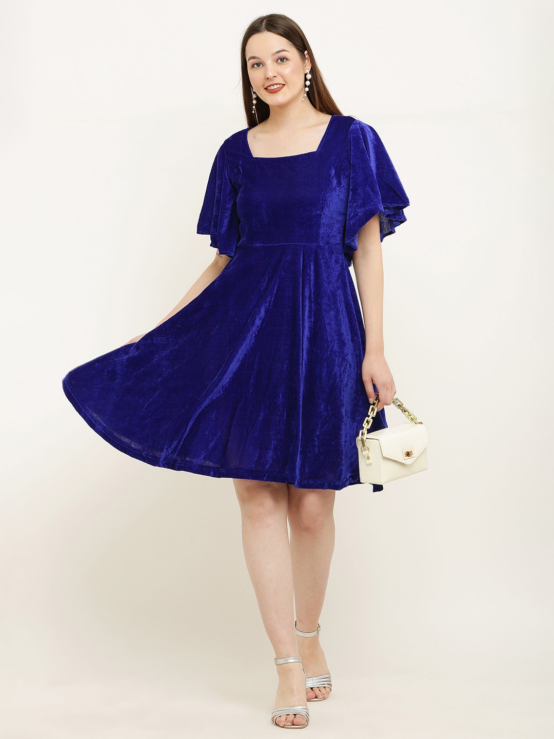 

VIVIENT Women Square Neck Flared Sleeve Fit & Flare Knee Length Dress, Blue