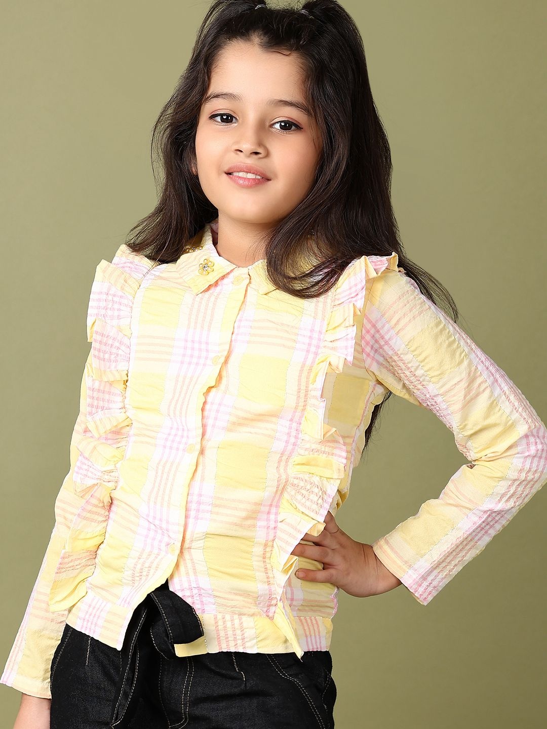 

V-Mart Girls Cotton Checked Shirt Collar Ruffles Shirt Style Top, Yellow