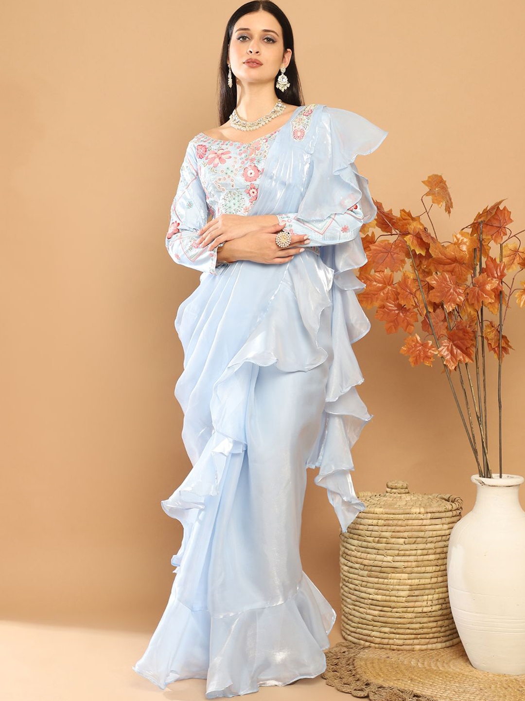 

Mitera Sequinned Organza Ready to Wear Saree, Blue