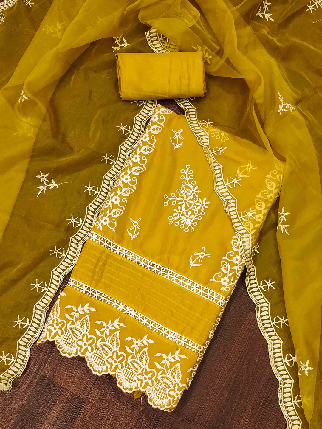 

KALINI Floral Embroidered Organza Unstitched Dress Material, Mustard