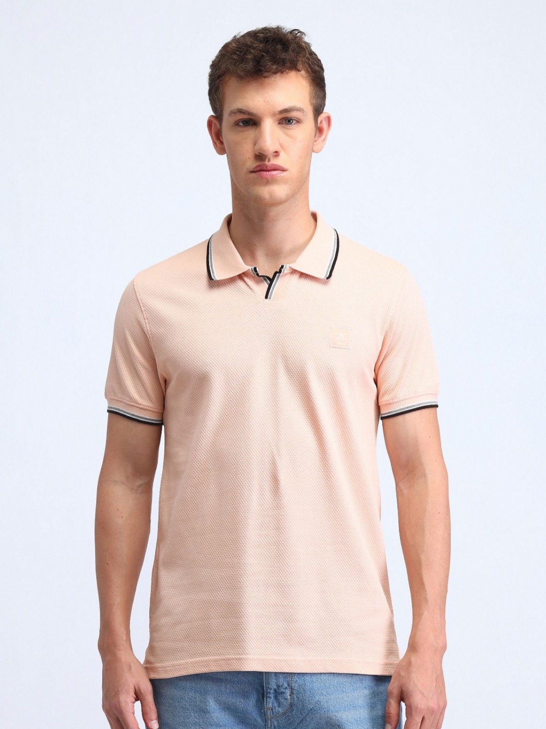 

Flying Machine Men Self Design Polo Collar Cotton T-shirt, Pink