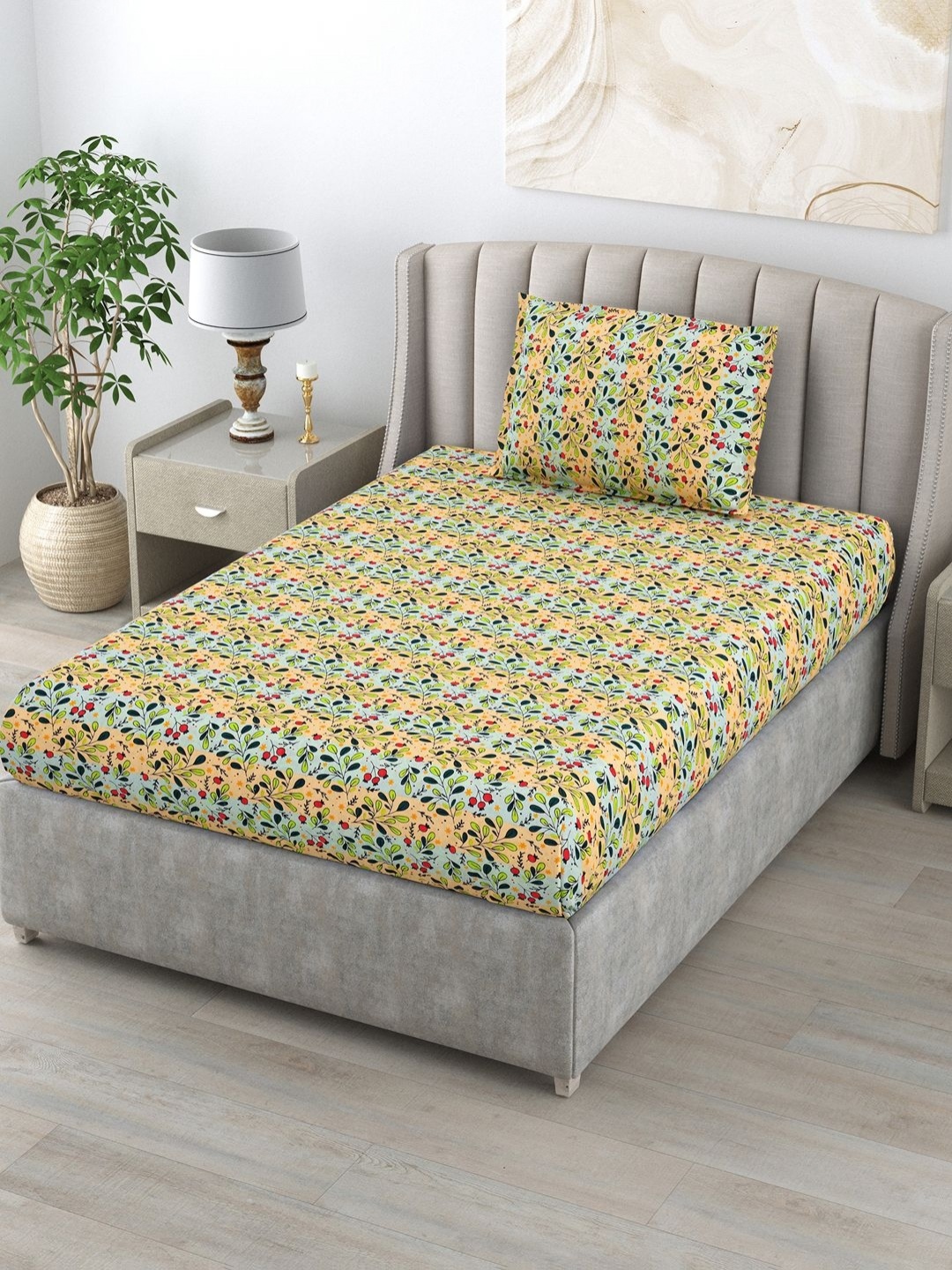 

BOMBAY DYEING Dream Lover Green Floral Cotton 104 TC Single Bedsheet Set 1.40 m x 2.24 m