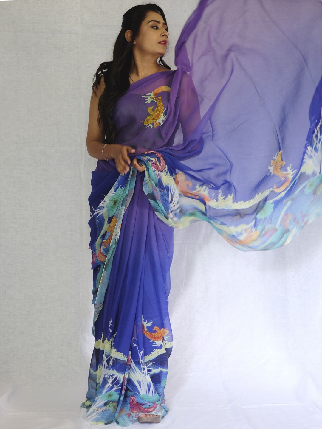 

BBG Royals Printed Pure Chiffon Saree with Blouse Piece, Purple