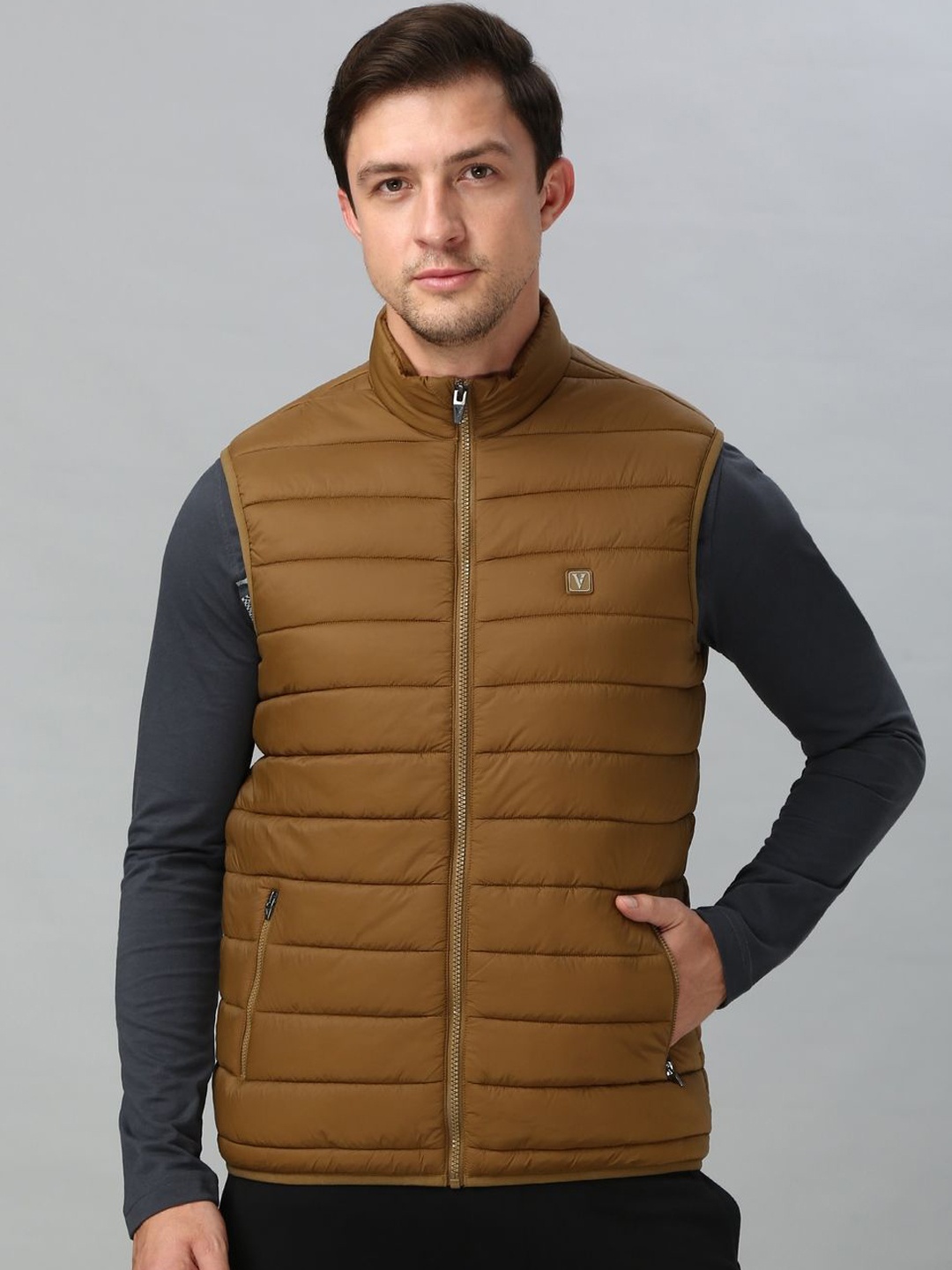 

Van Heusen Athleisure Men Solid High Neck Sleeveless Quilted Jacket, Brown