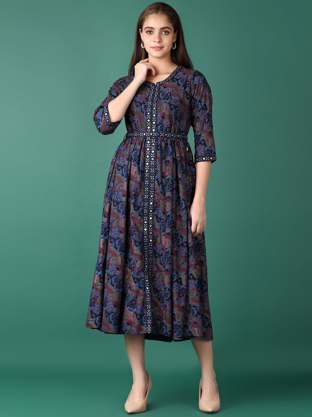 

V-Mart Women Ethnic Motifs Printed Fit & Flared Midi Ethnic Dress, Navy blue