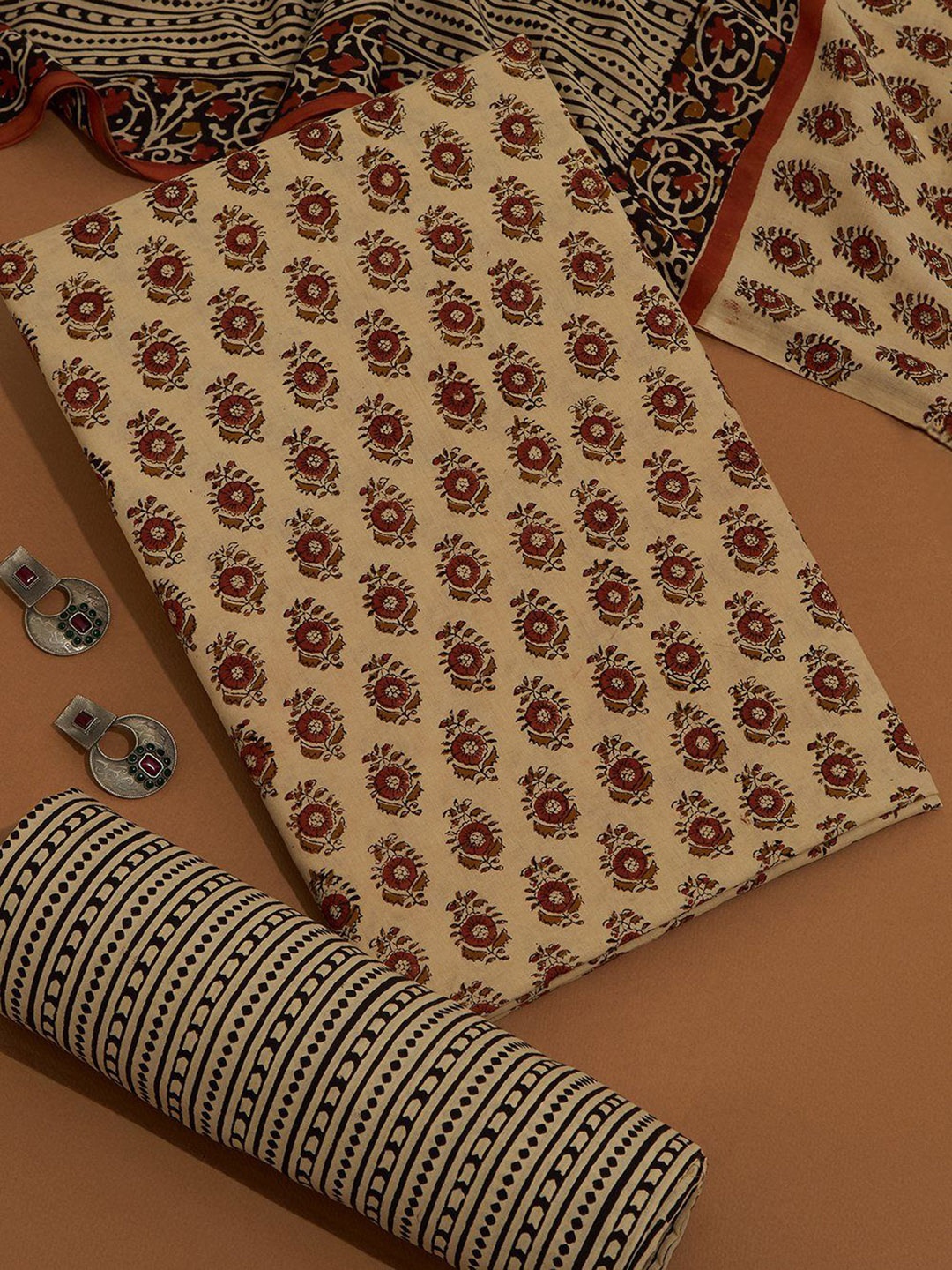 

Taneira Floral Block Printed Pure Cotton Unstitched Dress Material, Beige