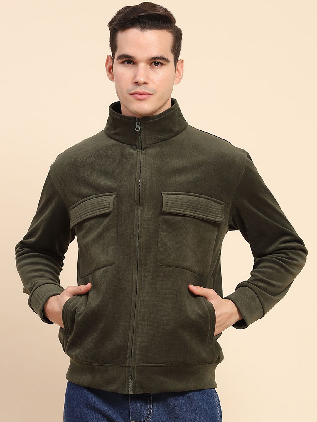 

Global Republic Men Mock Collar Solid Casual Bomber Jacket, Green