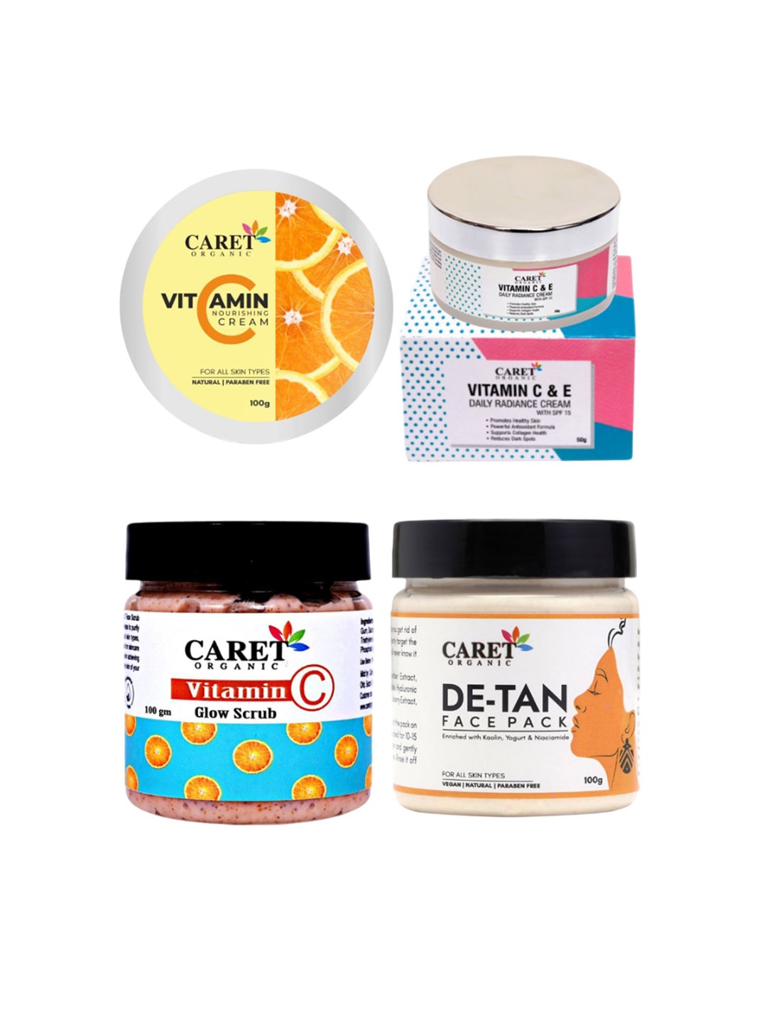 

CARET ORGANIC Set Of 4 Vitamin C Cream-50g, Cream, De-Tan Face Pack & Vitamin C Scrub-100g, White