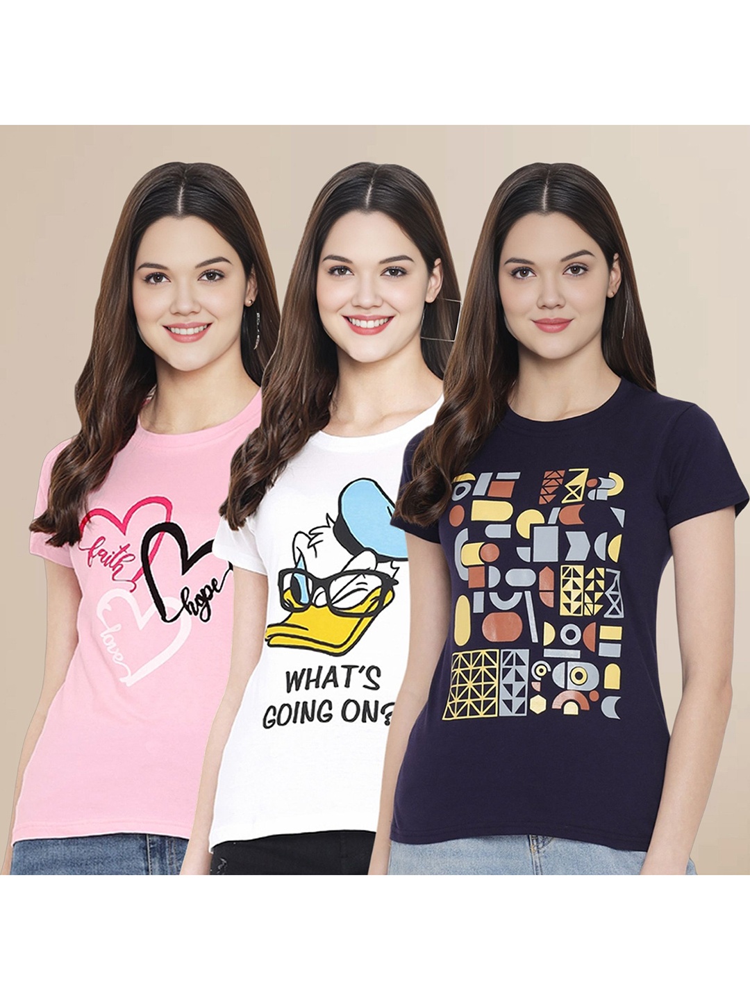 

Metronaut Women Pack Of 3 Typography Printed Round Neck Cotton Donald Duck T-shirts, Pink