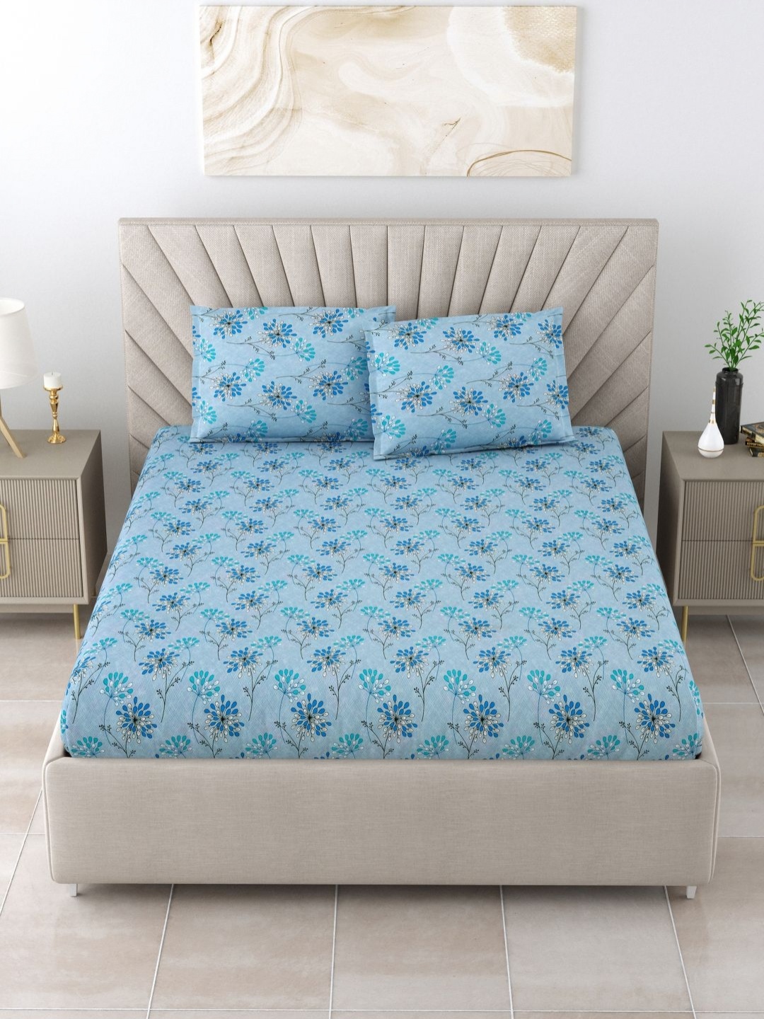 

BOMBAY DYEING Blue Floral 144 TC Queen Bedsheet with 2 Pillow Covers