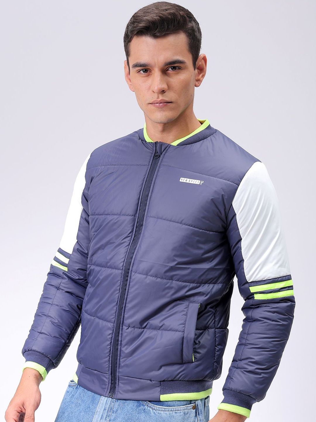 

The Indian Garage Co Men Stand Collar Solid Casual Padded Jacket, Navy blue