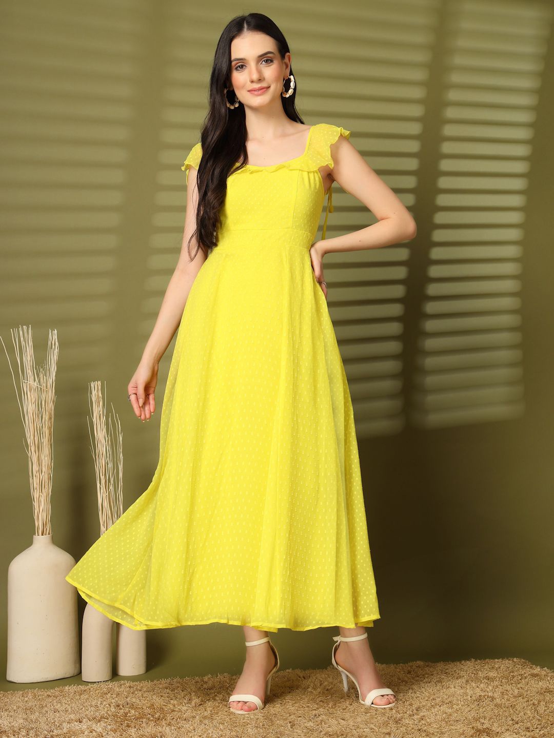 

aayu Women Fit & Flare Lace-Up Maxi Dress, Yellow