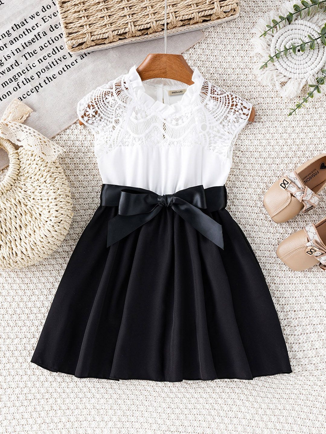 

INCLUD Girls Round Neck Fit & Flare Dress, Black