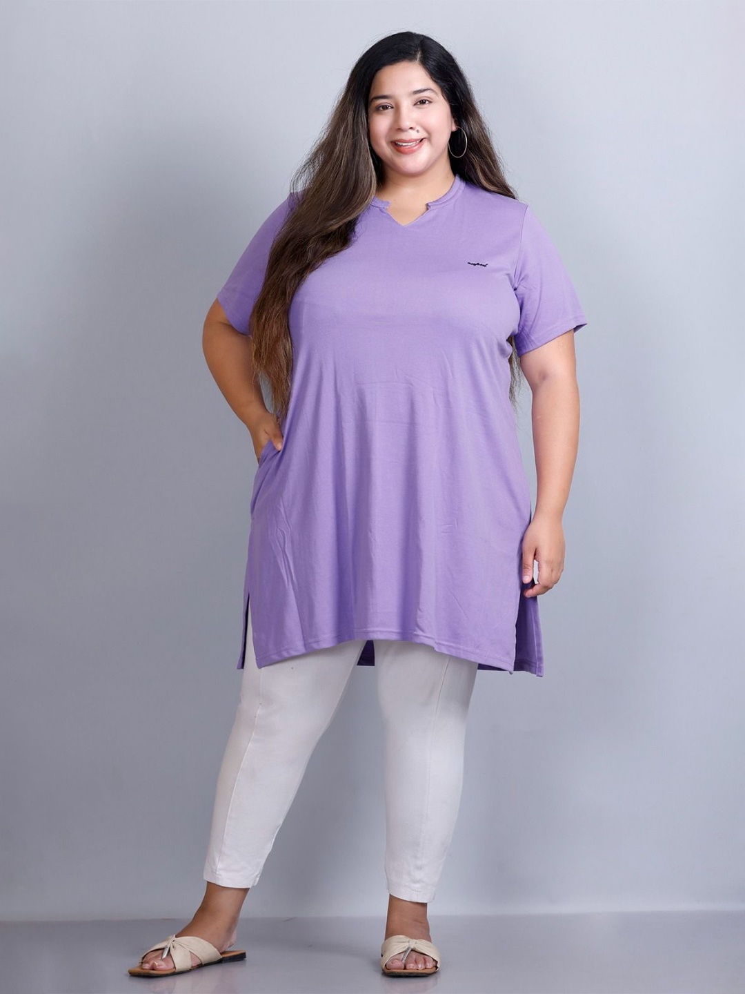 

CUPID Women Plus Size Jewel Neck Cotton Long Line Top, Lavender