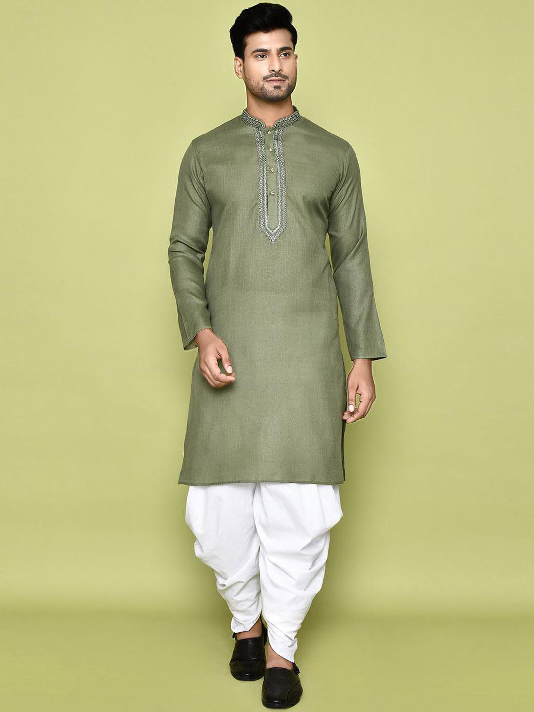 

Arihant Rai Sinha Mandarin Collar Regular Thread Work Pure Cotton Kurta With Patiala, Green