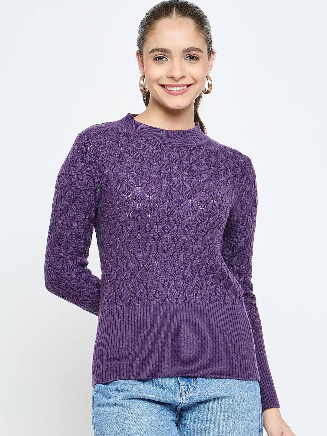 

CREATIVE LINE Women Self Design Regular Winter Top, Purple