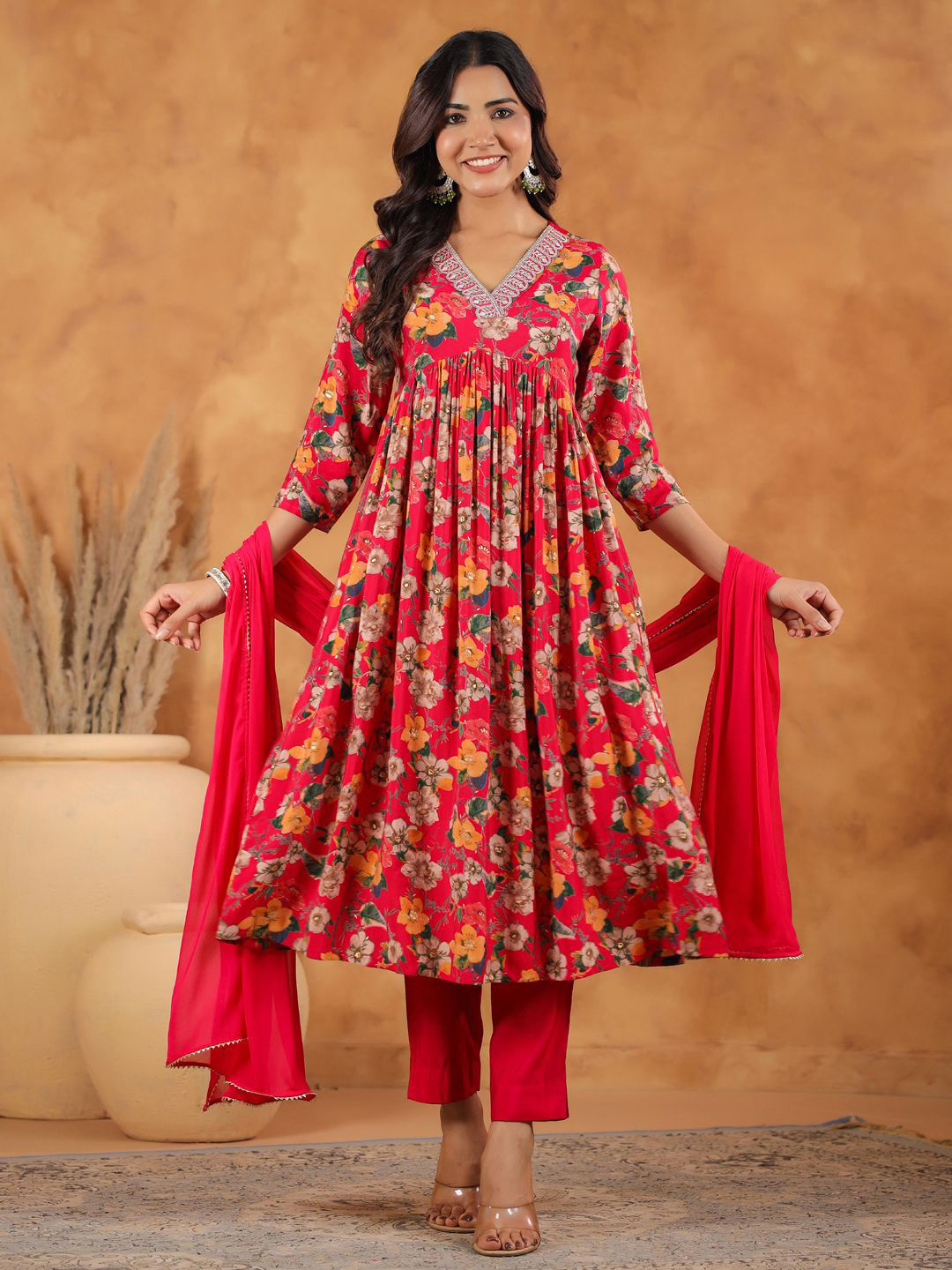 

Janasya Floral Printed Pleated Sequinned Chanderi Silk Kurta with Trouser & Dupatta, Pink
