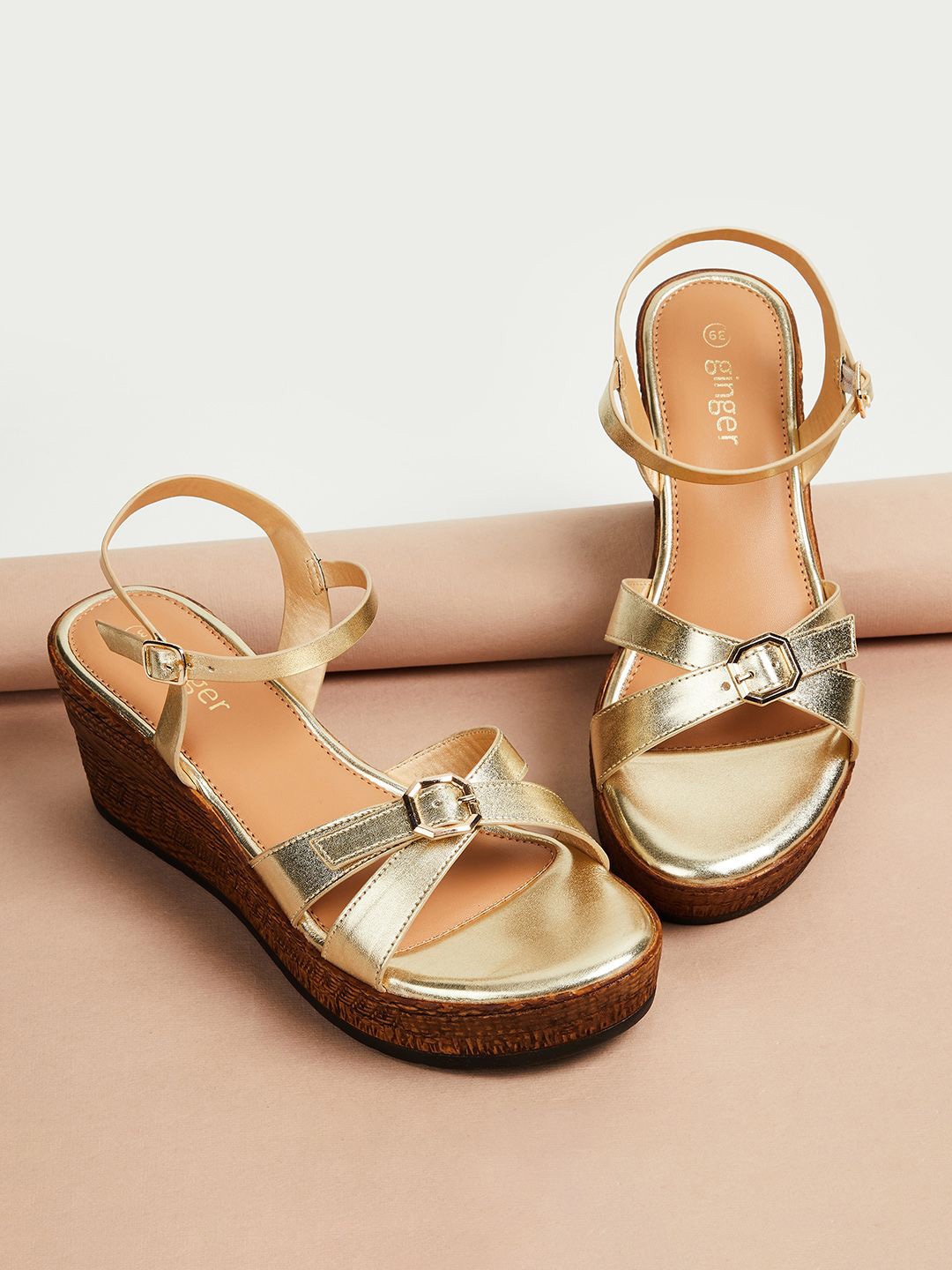 

Ginger by Lifestyle Women Round Toe Mid Top Wedge Sandal Heels, Gold
