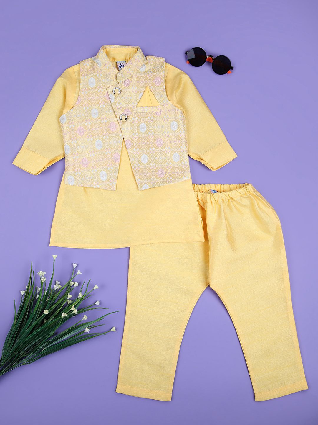 

V-Mart Boys Regular Pure Cotton Straight Kurta With Pyjama With Nehru Jacket, Yellow