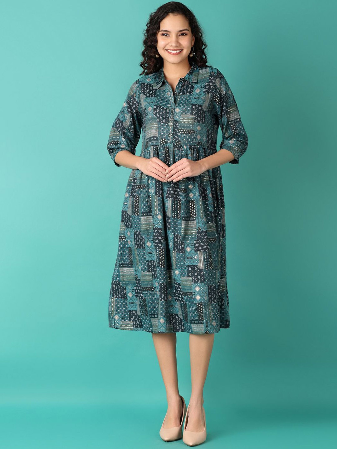 

V-Mart Women Abstract Printed Shirt Collar Fit & Flared Midi Ethnic Dress, Green