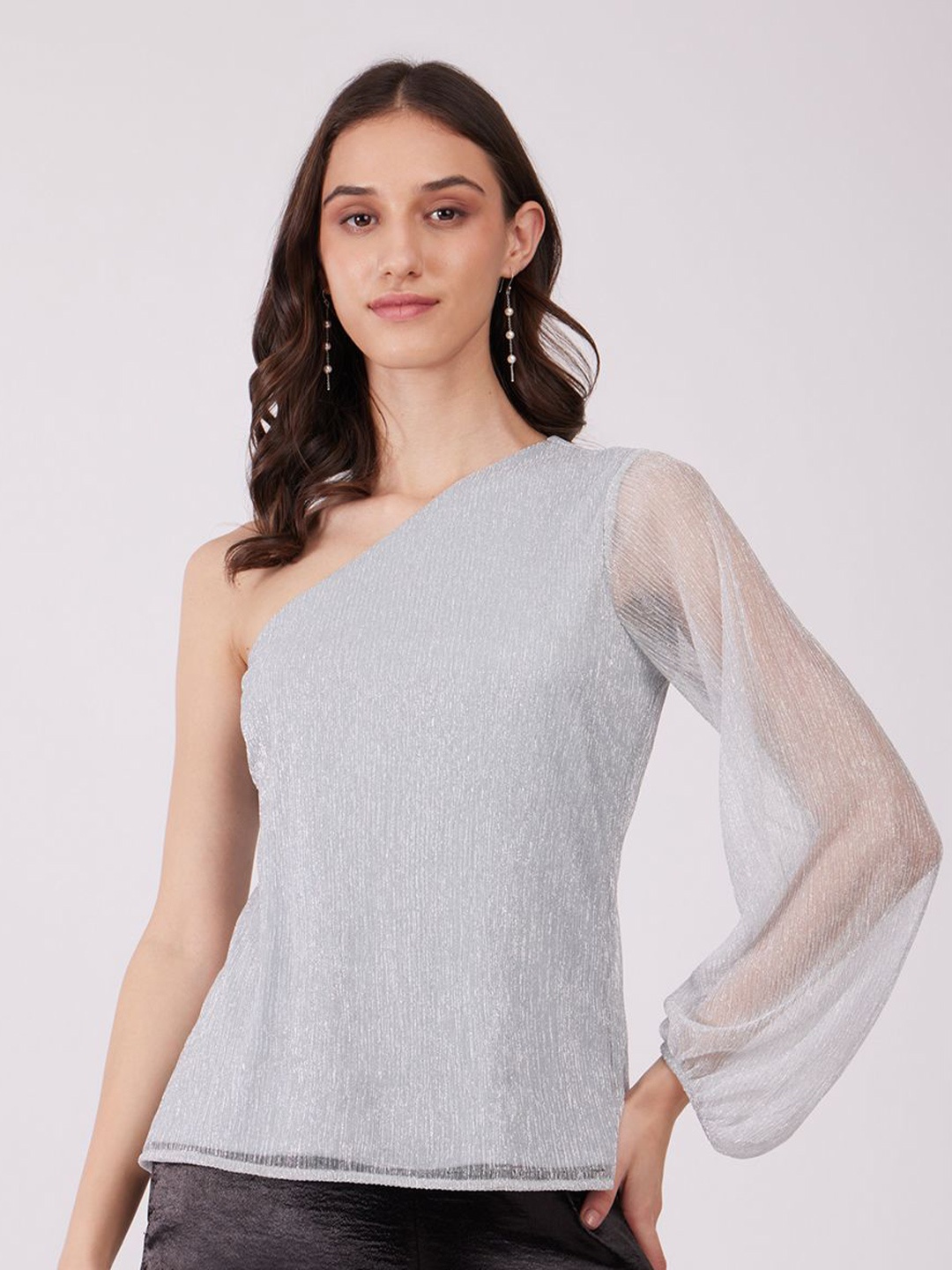 

FableStreet Women One Shoulder Puff Sleeves Top, Silver