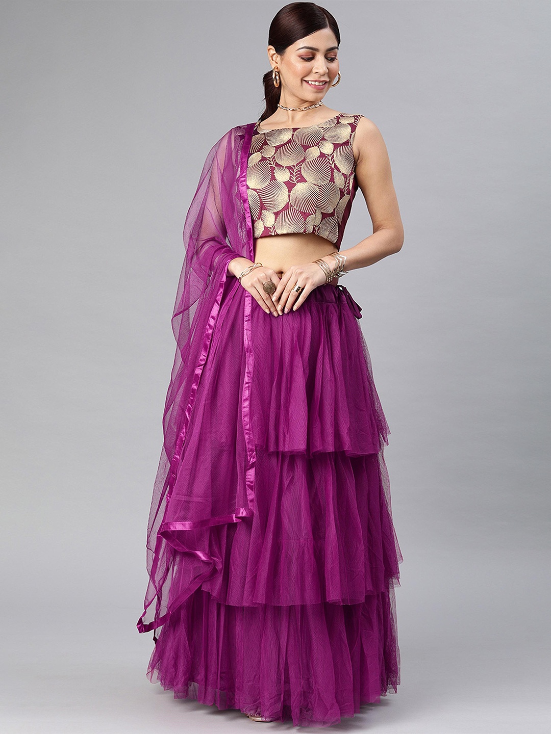 

Fabcartz Embroidered Thread Work Semi-Stitched Lehenga & Unstitched Blouse With Dupatta, Purple