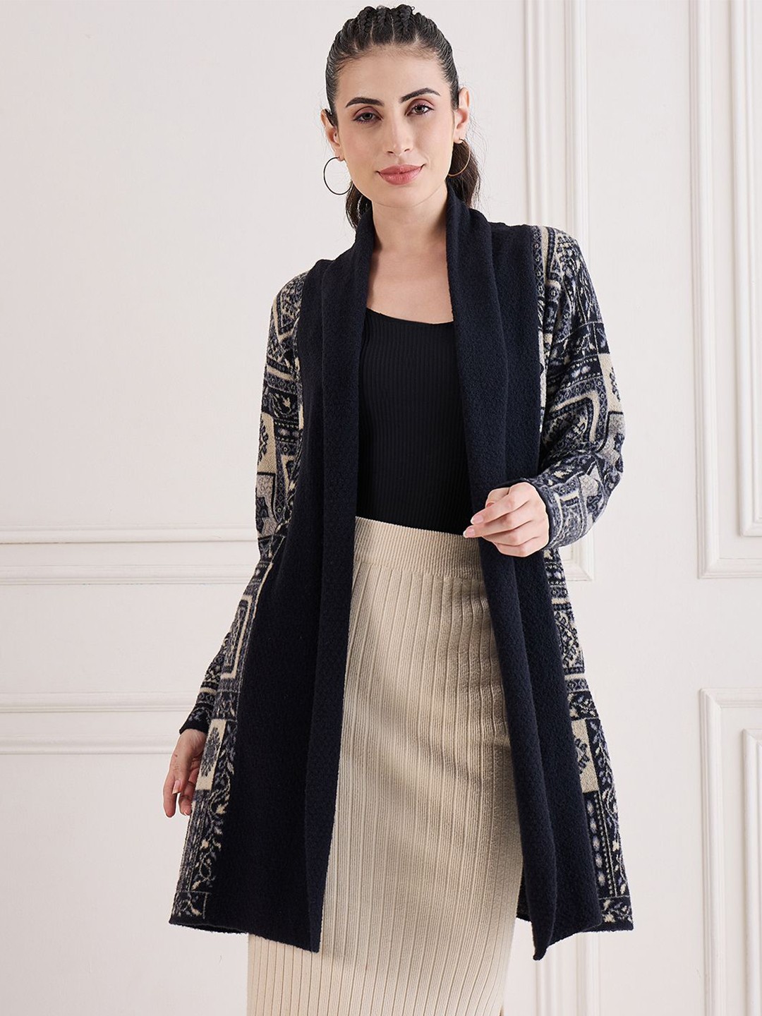 

CREATIVE LINE Self Design Longline Woollen Front Open Shrug, Black