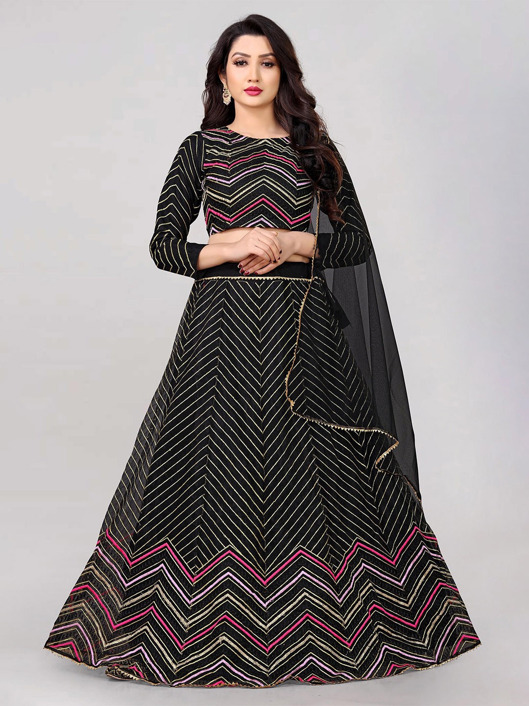

Fabcartz Embroidered Thread Work Semi-Stitched Lehenga & Unstitched Blouse With Dupatta, Black