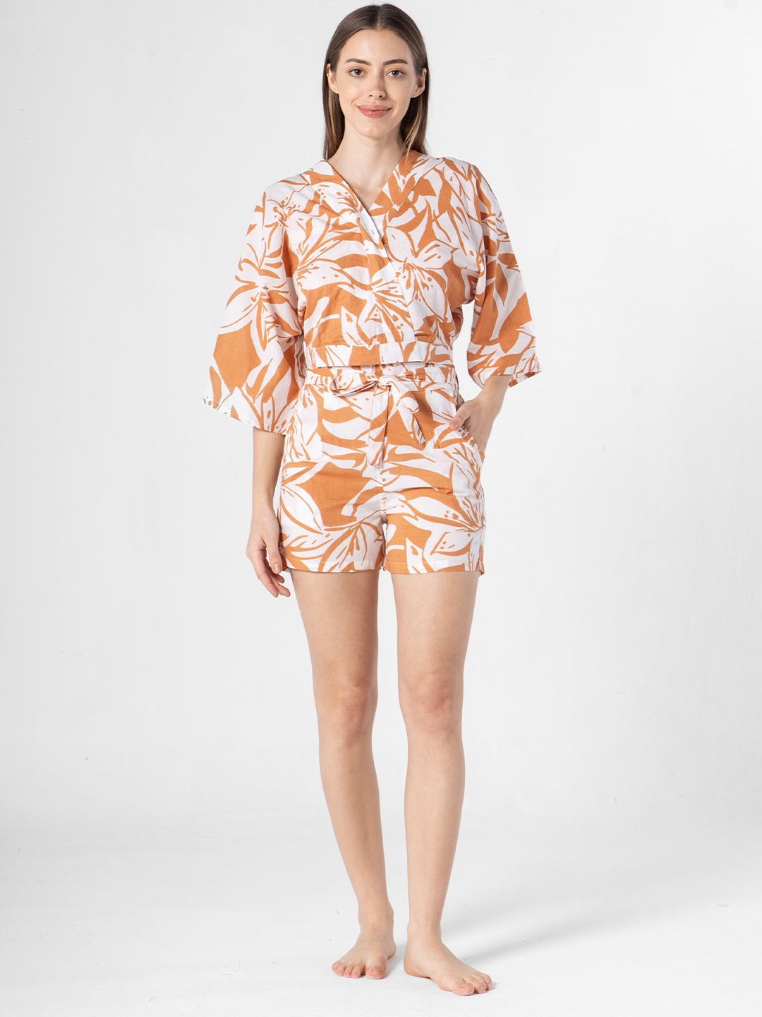 

SANSKRUTIHOMES Printed Pure Cotton Top With Shorts, Orange