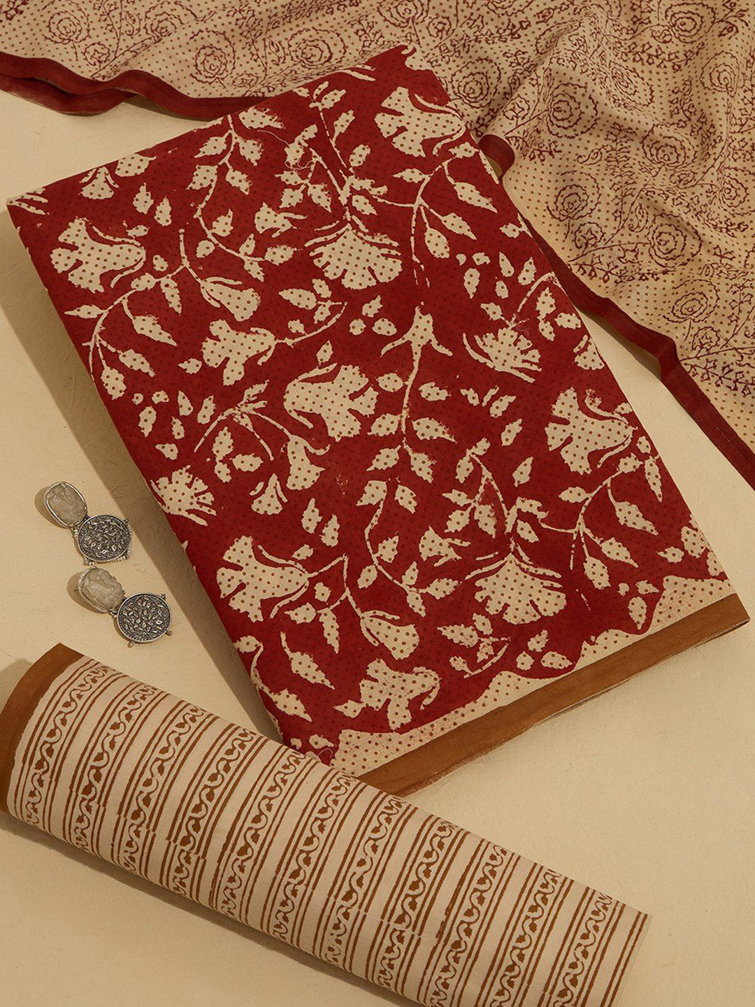 

Taneira Floral Block Printed Pure Cotton Unstitched Dress Material, Red