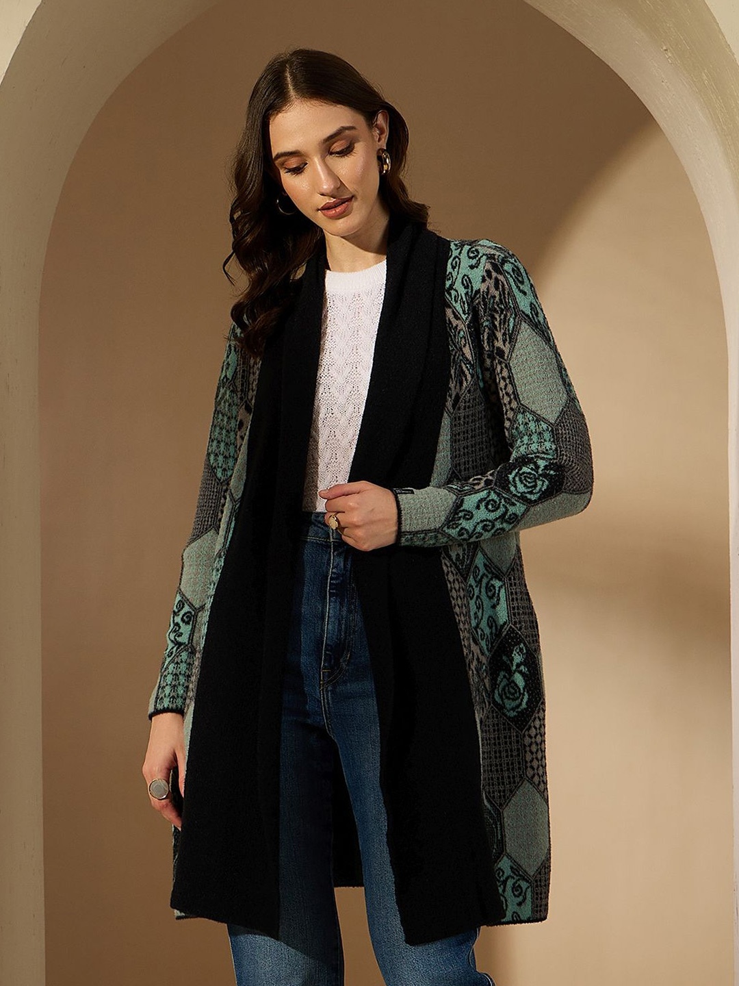 

CREATIVE LINE Geometric Self Design Woollen Longline Open Front Shrug, Blue