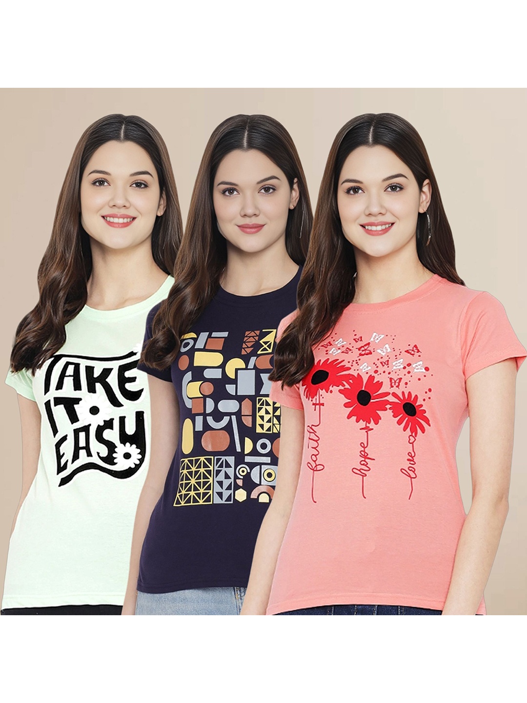 

Metronaut Women Pack Of 3 Typography Printed Round Neck Cotton T-shirts, Lime green