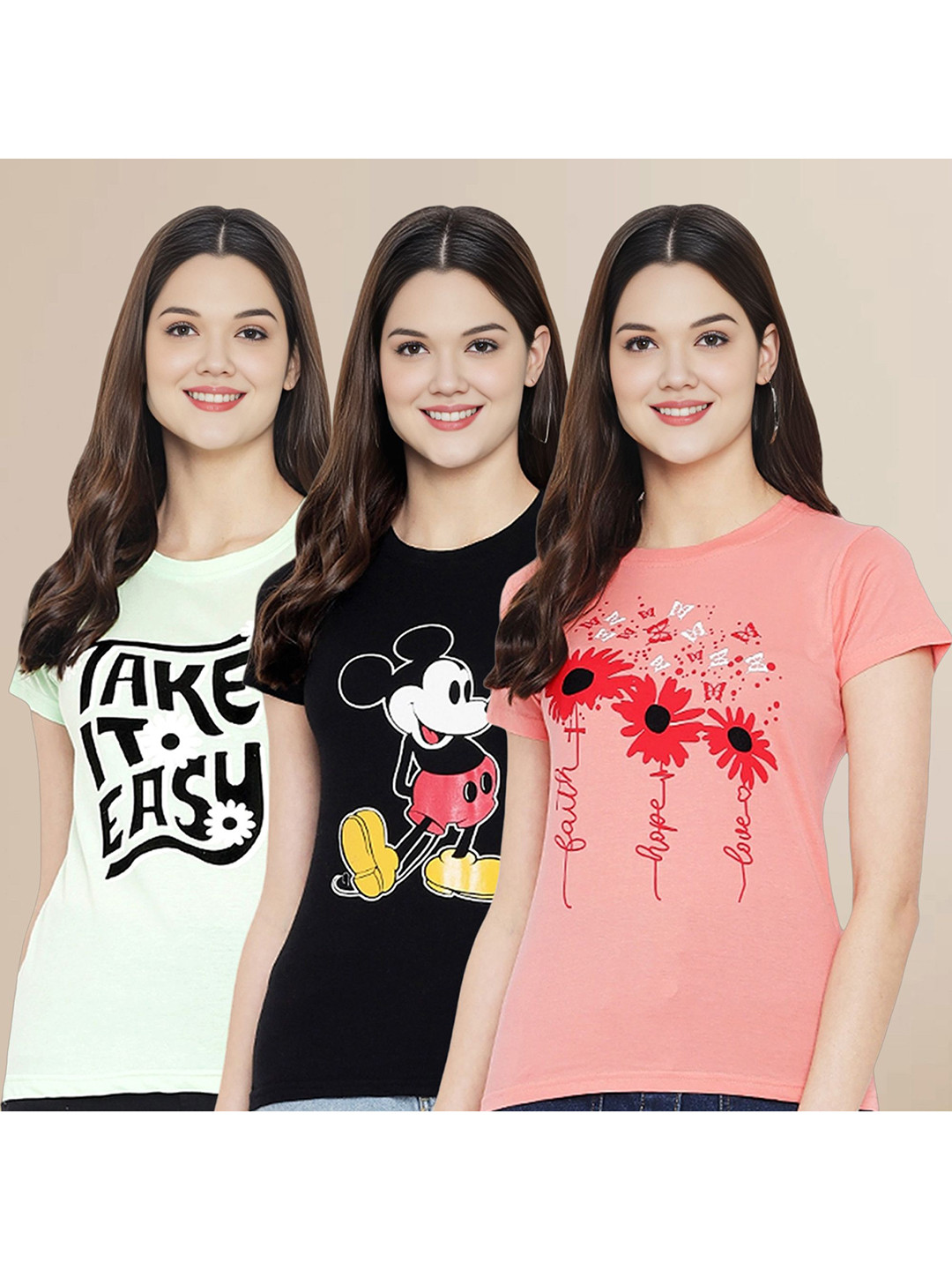 

Metronaut Women Pack Of 3 Typography Printed Round Neck Cotton Mickey Mouse T-shirts, Lime green