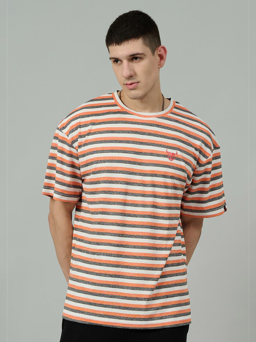 

GO DEVIL Men Striped Round Neck Cotton Relaxed Fit T-shirt, Rust