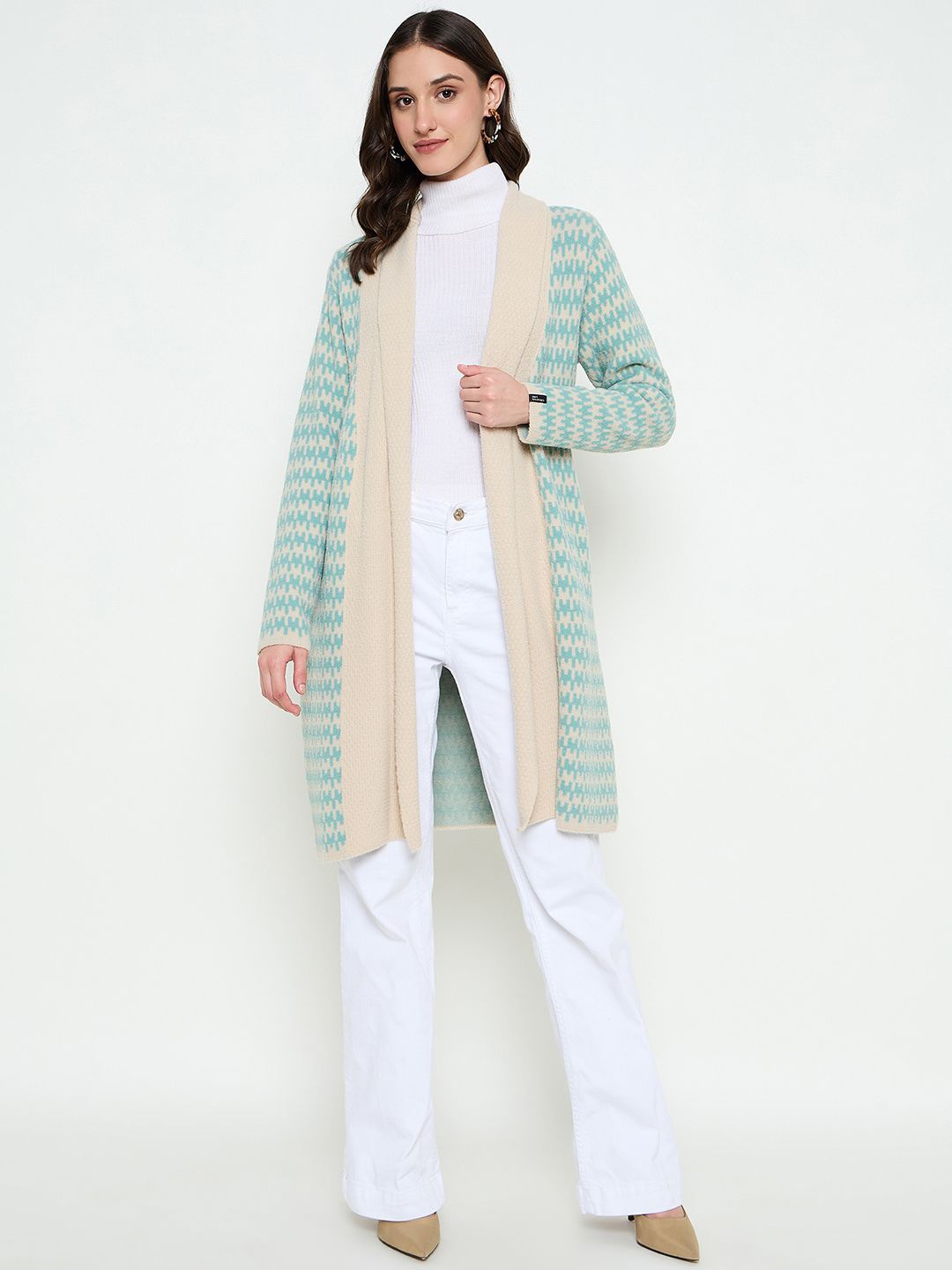 

CREATIVE LINE Geometric Self Design Longline Woollen Open Front Shrug, Beige