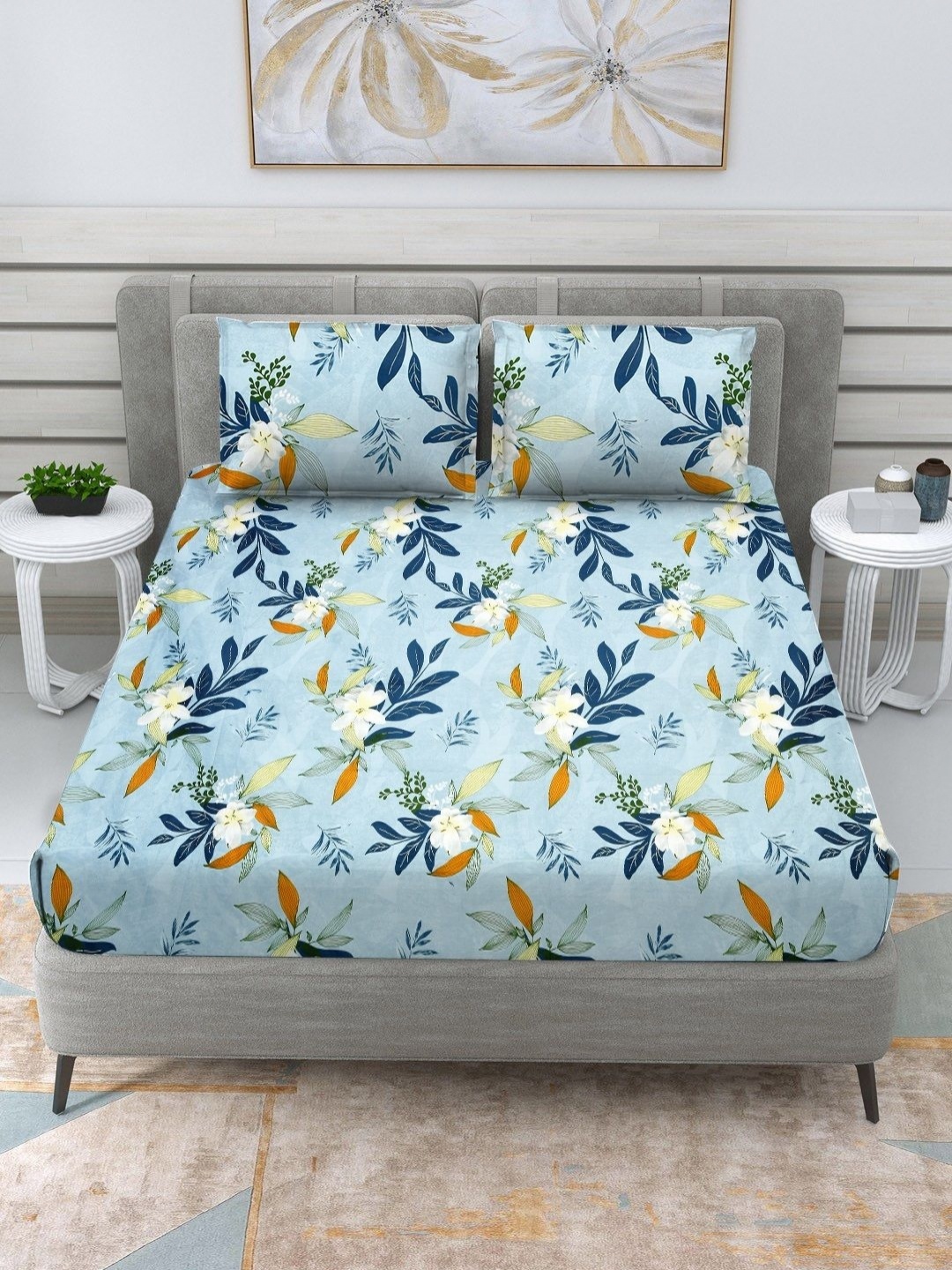 

RRC Turquoise Blue Floral Printed Cotton 152 TC King Bedsheet Set 2.74 m x 2.74 m