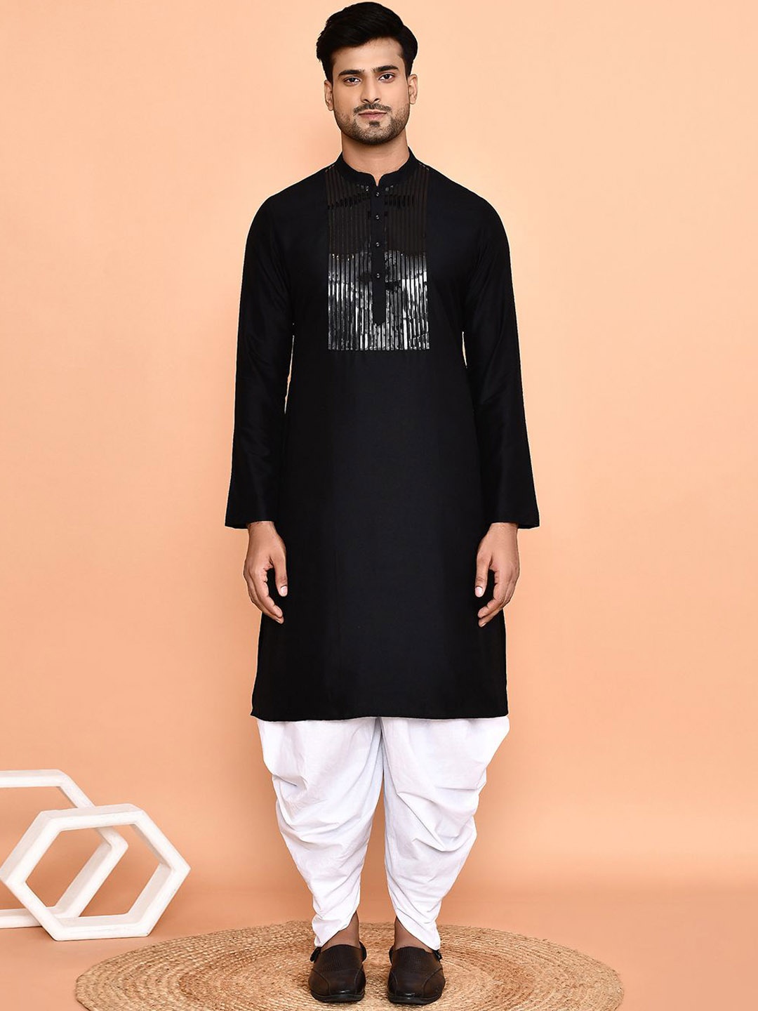 

Arihant Rai Sinha Mandarin Collar Yoke Design Straight Kurta with Dhoti Pant, Black