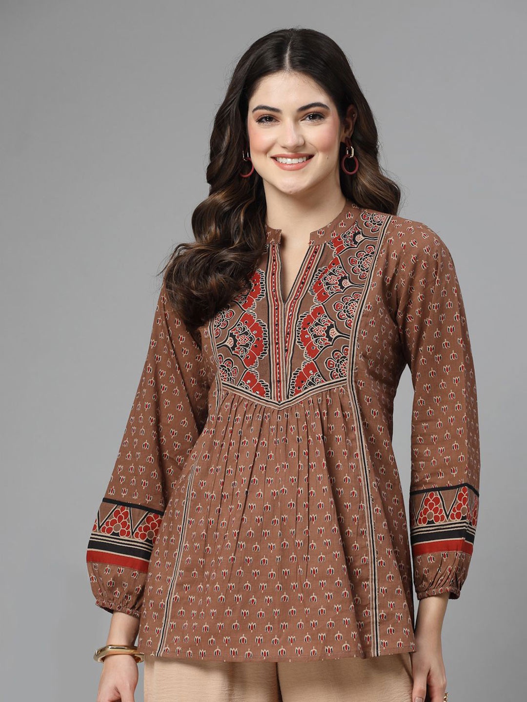 

QOMN Women Cotton Printed Ethnic Cotton A-Line Top, Rust