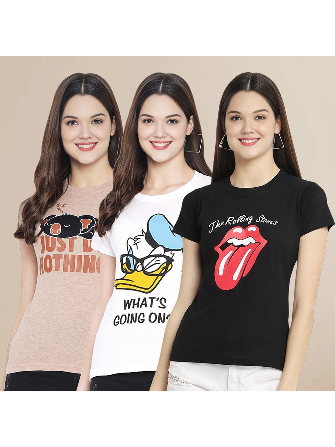 

Metronaut Women Pack Of 3 Typography Printed Round Neck Cotton Donald Duck T-shirts, Beige