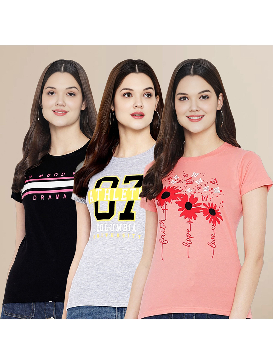 

Metronaut Women Pack Of 3 Typography Printed Round Neck Cotton T-shirts, Black