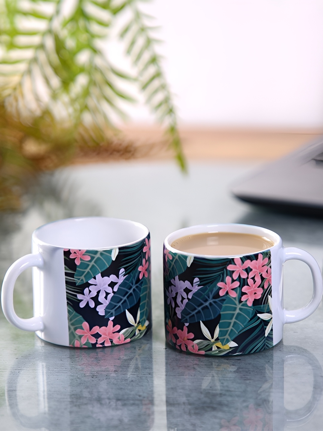 

PENTADECO Navy Blue & White 2 Pieces Floral Printed Ceramic Glossy Mugs