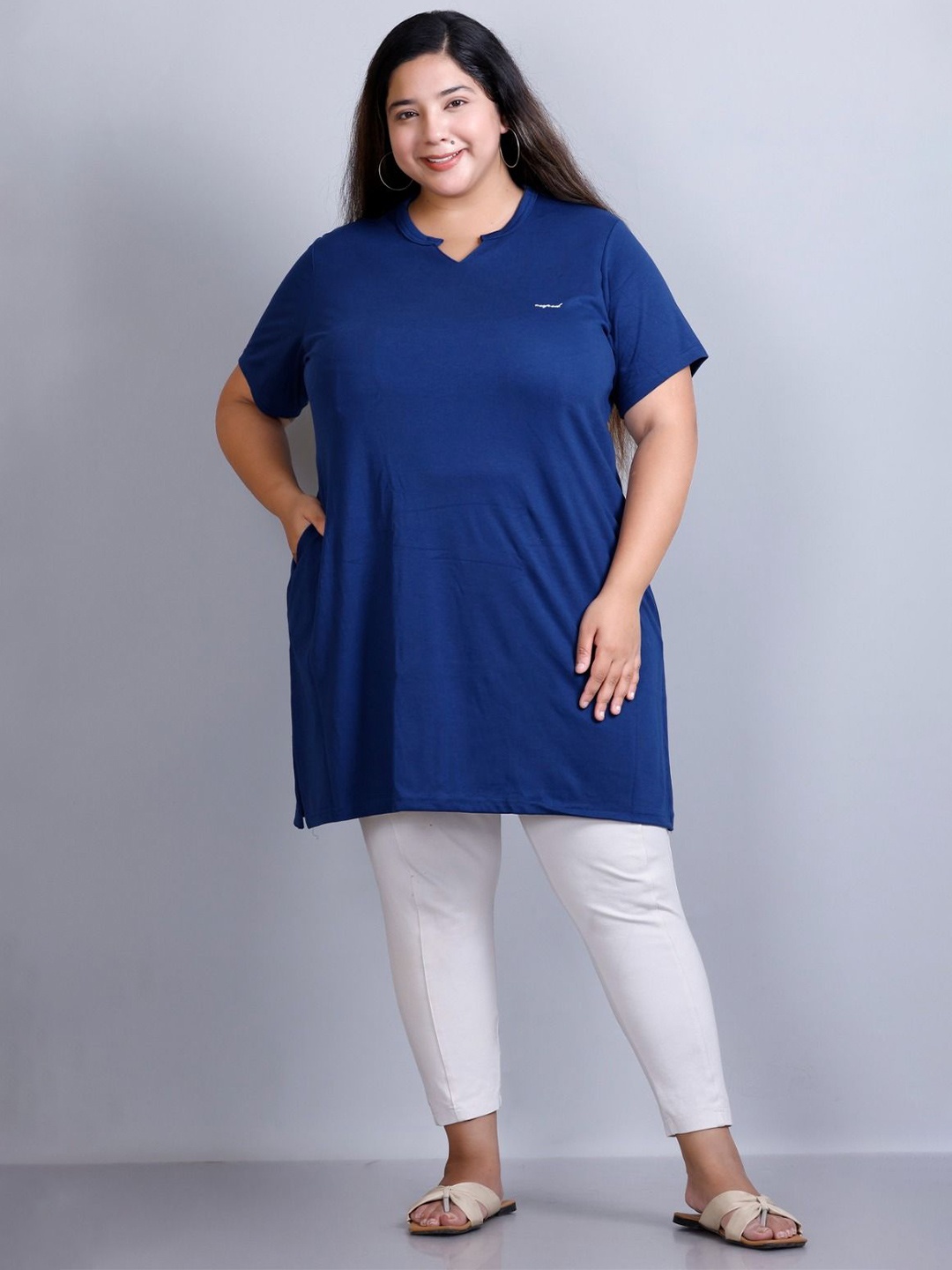 

CUPID Plus Size Long Line Cotton Top, Blue