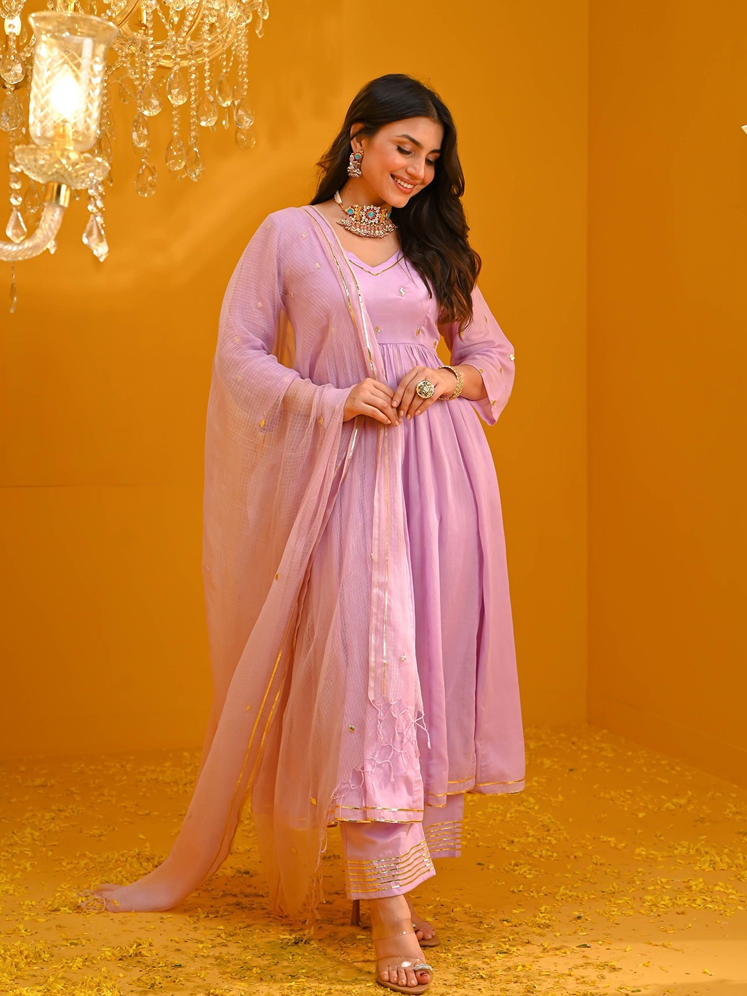 

Bunaai Gotta Patti Anarkali Kurta With Palazzo & Dupatta, Purple