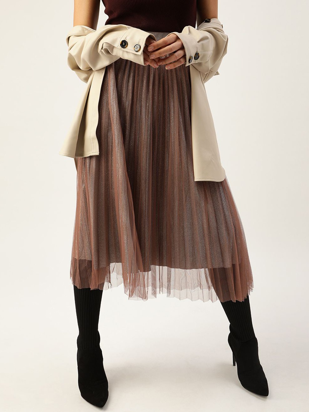 

SHECZZAR Flared Midi Skirts, Brown