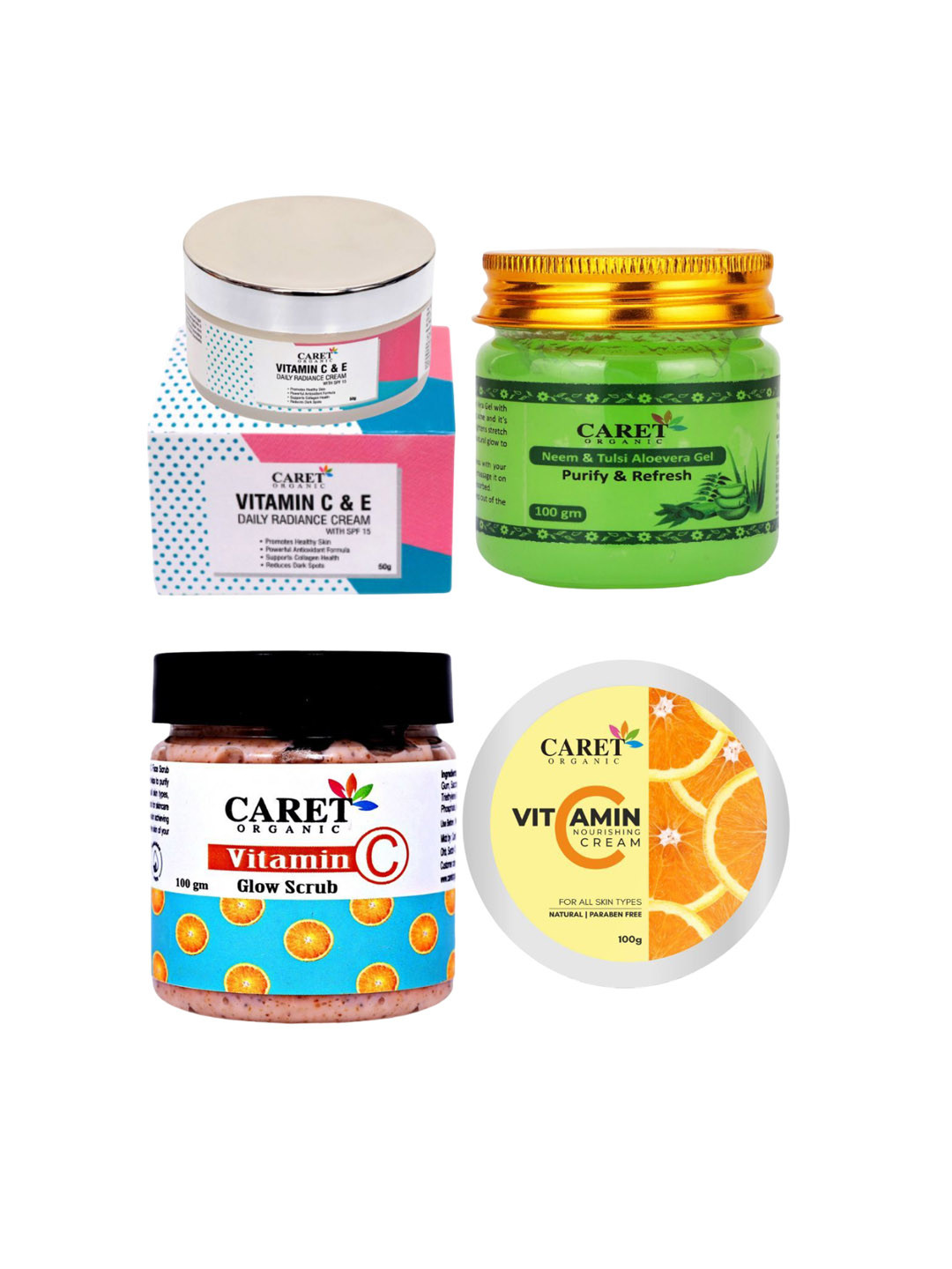 

CARET ORGANIC Set of 4 Daily Radiance Cream, Gel, Nourishing Cream & Vitamin C Glow Scrub, White