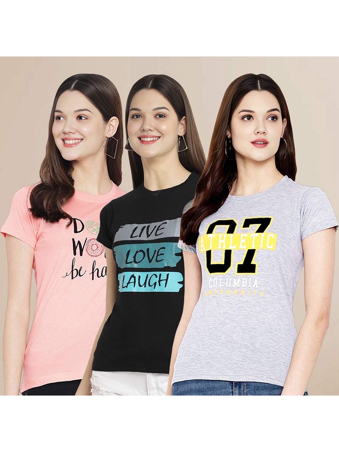 

Metronaut Women Pack Of 3 Typography Printed Round Neck Cotton T-shirts, Peach