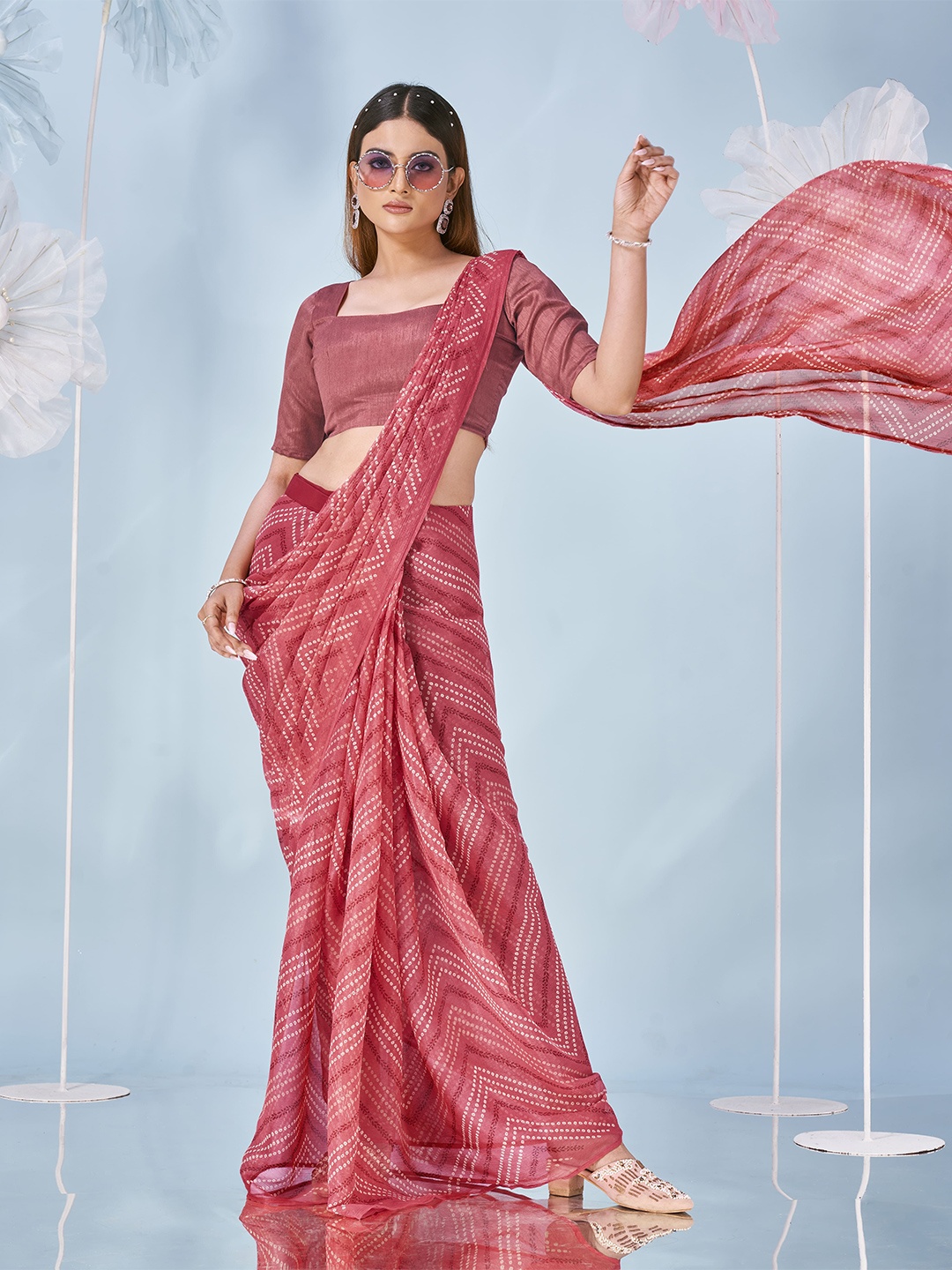 

AMOHA TRENDZ Bandhani Pure Chiffon Saree, Peach