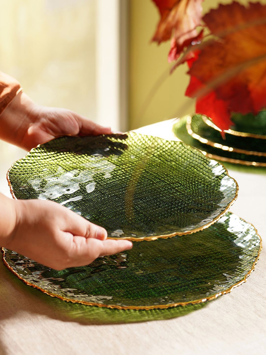 

Pure Home and Living Green & Gold Toned 2 Pieces Textured Glass Dinner Plates